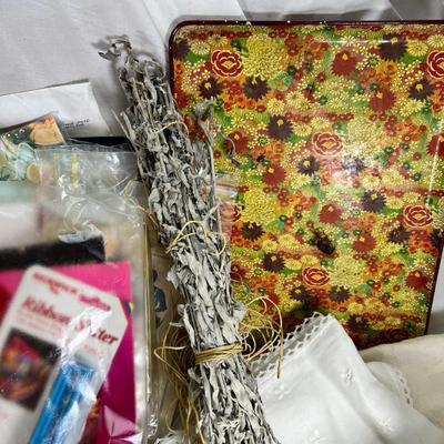 Mid century pink woven hamper and vintage linens