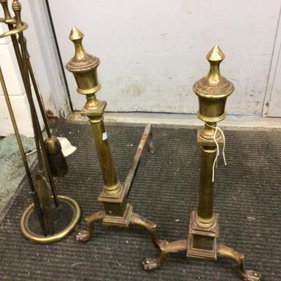 Brass Fireplace Andirons and Poker Set