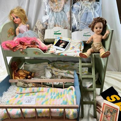 Dolls and doll cradle and bunkbed with ladder