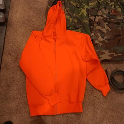 CABELA'S CAMO PANTS, CAMO JACKET AND ORANGE HOODIE