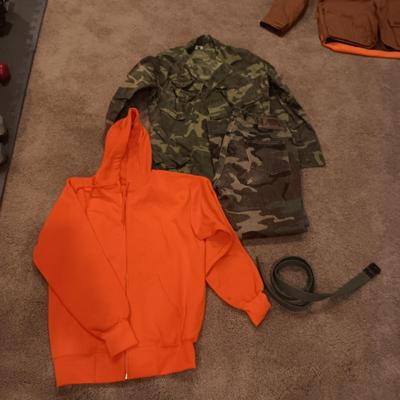 CABELA'S CAMO PANTS, CAMO JACKET AND ORANGE HOODIE