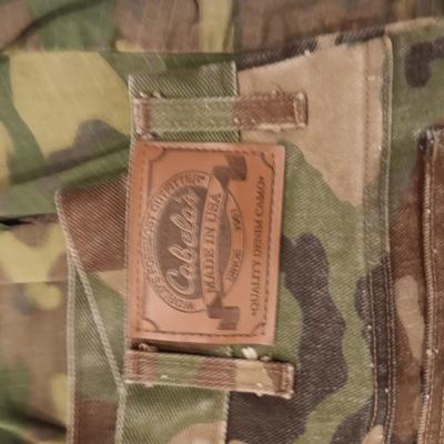 CABELA'S CAMO PANTS, CAMO JACKET AND ORANGE HOODIE