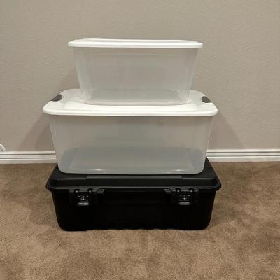 PLANO LARGE STORAGE TRUNK AND 2 OTHER STORAGE TOTES