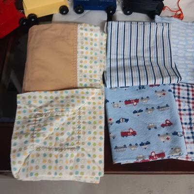WOODEN PULL TRAIN, CRIB SHEETS & MATTRESS COVER PLUS BABY BLANKETS