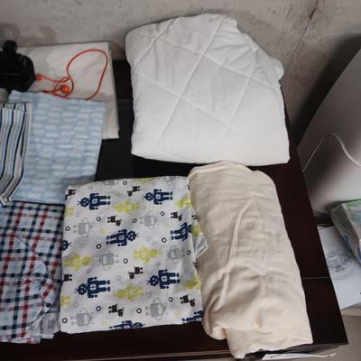 WOODEN PULL TRAIN, CRIB SHEETS & MATTRESS COVER PLUS BABY BLANKETS