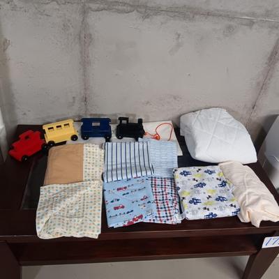 WOODEN PULL TRAIN, CRIB SHEETS & MATTRESS COVER PLUS BABY BLANKETS