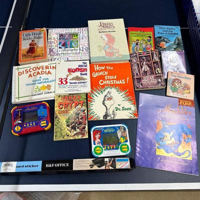 CHILDREN'S BOOKS AND 2 HAND HELD GAMES