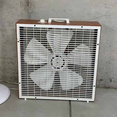 BOX AND OSCILLATING FAN ON AN ADJUSTABLE STAND