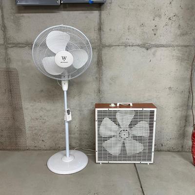 BOX AND OSCILLATING FAN ON AN ADJUSTABLE STAND