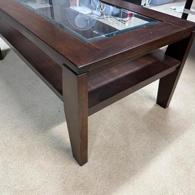 2 TIER WOOD FRAMED COFFEE TABLE WITH GLASS PANEL TOP