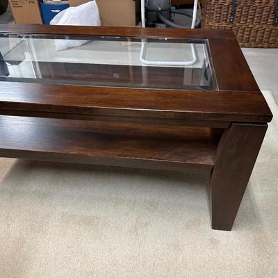 2 TIER WOOD FRAMED COFFEE TABLE WITH GLASS PANEL TOP