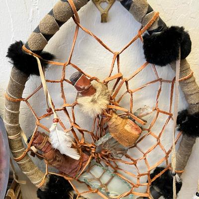 Leather wrapped Dreamcatcher with carved glass, Basket, inlay plate