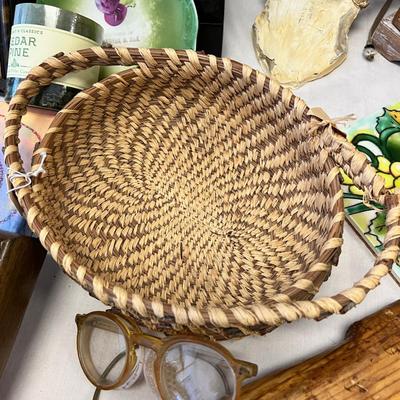 Leather wrapped Dreamcatcher with carved glass, Basket, inlay plate
