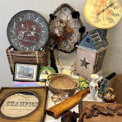 Leather wrapped Dreamcatcher with carved glass, Basket, inlay plate