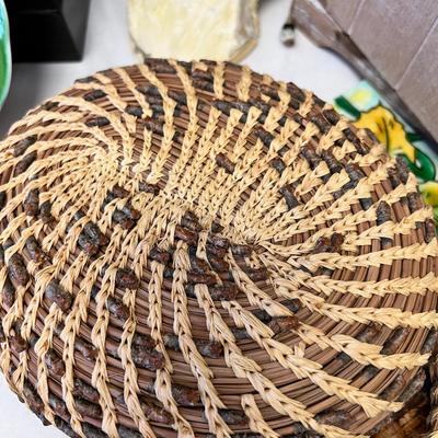 Leather wrapped Dreamcatcher with carved glass, Basket, inlay plate