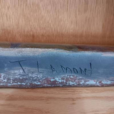 SIGNED CLAY WALL POCKET WITH AN IRIDESCENT GLAZE AND 2 METAL CANDLE ILLUMINATORS