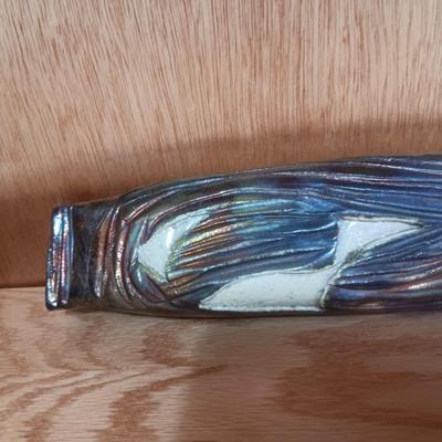 SIGNED CLAY WALL POCKET WITH AN IRIDESCENT GLAZE AND 2 METAL CANDLE ILLUMINATORS