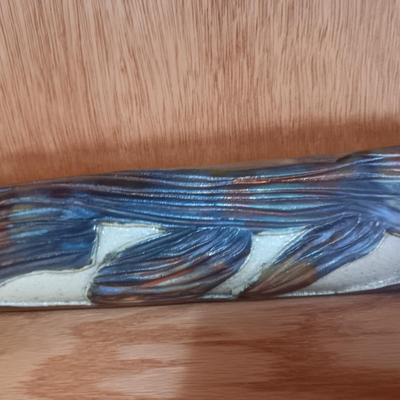 SIGNED CLAY WALL POCKET WITH AN IRIDESCENT GLAZE AND 2 METAL CANDLE ILLUMINATORS