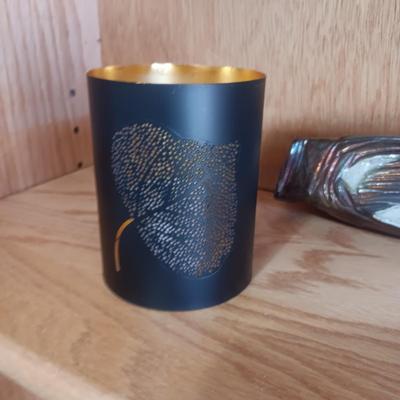 SIGNED CLAY WALL POCKET WITH AN IRIDESCENT GLAZE AND 2 METAL CANDLE ILLUMINATORS