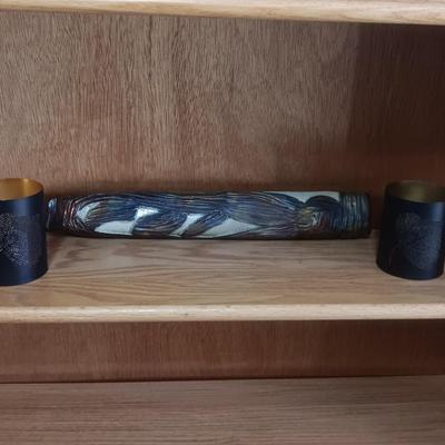 SIGNED CLAY WALL POCKET WITH AN IRIDESCENT GLAZE AND 2 METAL CANDLE ILLUMINATORS