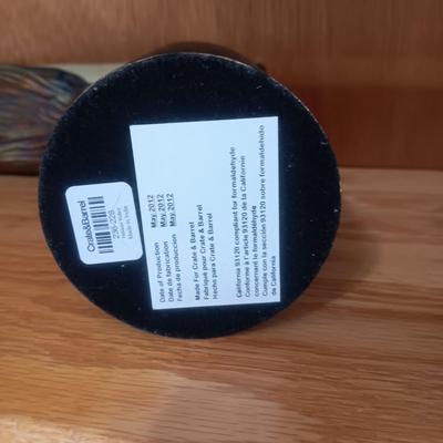 SIGNED CLAY WALL POCKET WITH AN IRIDESCENT GLAZE AND 2 METAL CANDLE ILLUMINATORS