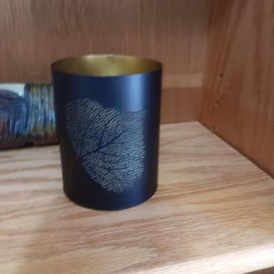 SIGNED CLAY WALL POCKET WITH AN IRIDESCENT GLAZE AND 2 METAL CANDLE ILLUMINATORS