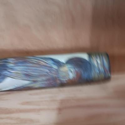 SIGNED CLAY WALL POCKET WITH AN IRIDESCENT GLAZE AND 2 METAL CANDLE ILLUMINATORS