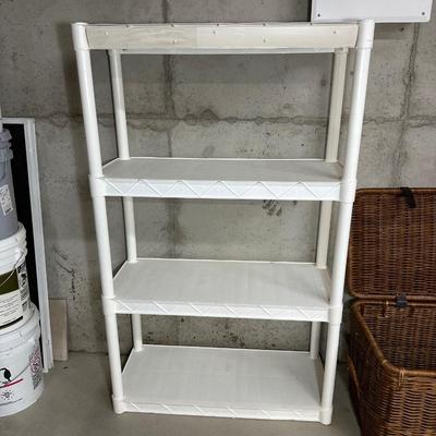 PLASTIC STORAGE SHELF AND WICKER CHEST
