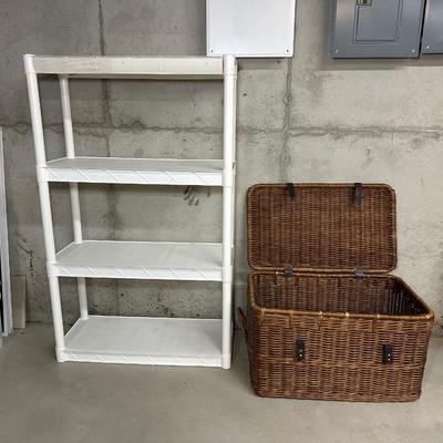 PLASTIC STORAGE SHELF AND WICKER CHEST