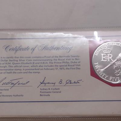 1975 Royal Visit Bermuda Queen Elizabeth Sterling $25 Silver Coin with First Day Issue Stamp (#62)