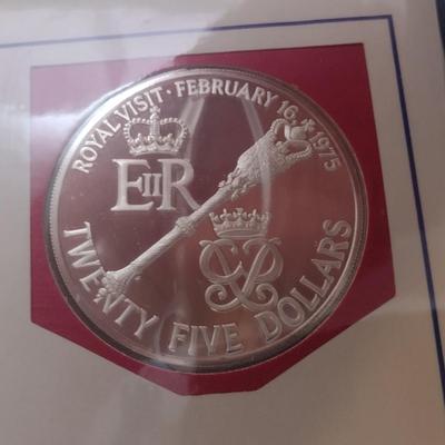 1975 Royal Visit Bermuda Queen Elizabeth Sterling $25 Silver Coin with First Day Issue Stamp (#62)