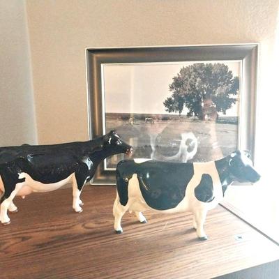 TWO COLLECTABLE MILKING COWS AND FRAMED FIELD