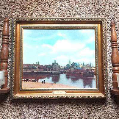 FRAMED PICTURE 'view of delft" AND TWO CANDLE SCONES