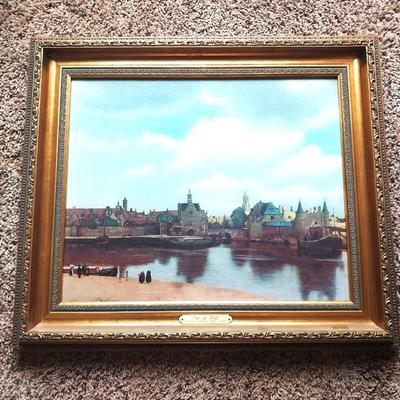FRAMED PICTURE 'view of delft" AND TWO CANDLE SCONES