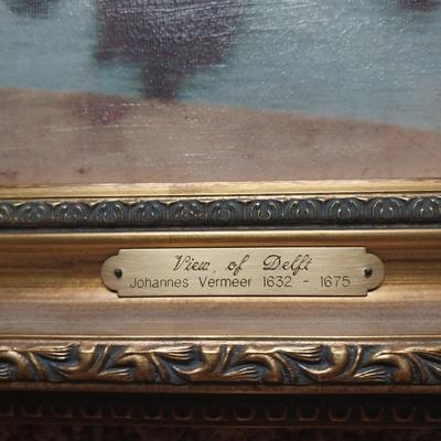 FRAMED PICTURE 'view of delft" AND TWO CANDLE SCONES