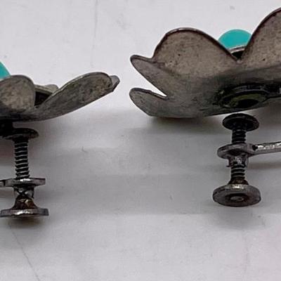 four Leaf clover Earrings Silver & turquoise unmarked