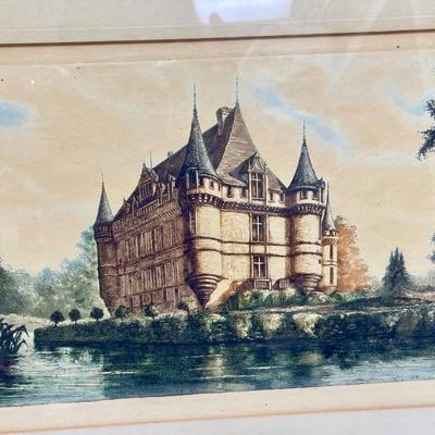 Framed Vintage Color Etching Prints of Castle of Valencay and Chateau d'atay-le-Rideau
