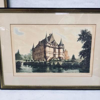 Framed Vintage Color Etching Prints of Castle of Valencay and Chateau d'atay-le-Rideau