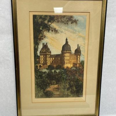 Framed Vintage Color Etching Prints of Castle of Valencay and Chateau d'atay-le-Rideau