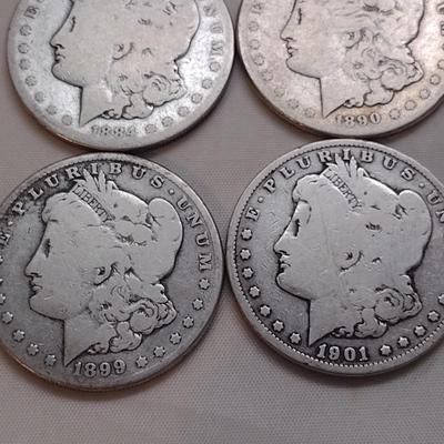 Set of Four U. S. Mint Morgan Silver Dollars (#168) Various Worn Condition Legible Dates