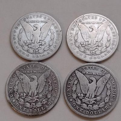 Set of Four U. S. Mint Morgan Silver Dollars (#168) Various Worn Condition Legible Dates