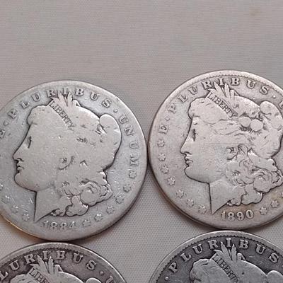 Set of Four U. S. Mint Morgan Silver Dollars (#168) Various Worn Condition Legible Dates