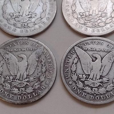 Set of Four U. S. Mint Morgan Silver Dollars (#168) Various Worn Condition Legible Dates