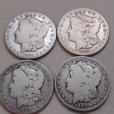 Set of Four U. S. Mint Morgan Silver Dollars (#168) Various Worn Condition Legible Dates