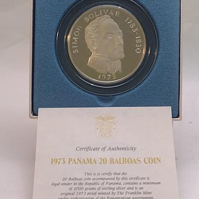 1973 Panama 20 Balboas 2000 Grain Sterling Silver .925 Coin Franklin Mint (#203)