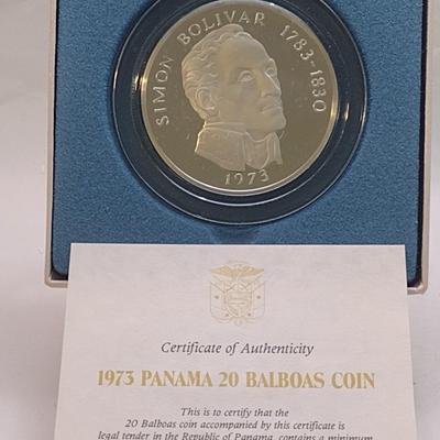 1973 Panama 20 Balboas 2000 Grain Sterling Silver .925 Coin Franklin Mint (#204)