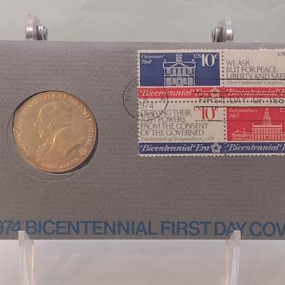 1974 U. S. Mint American Revolution Bicentennial Commemorative Medal and First Issue Stamp (#251)