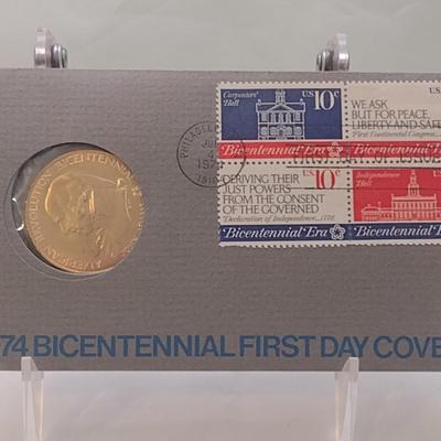 1974 U. S. Mint American Revolution Bicentennial Commemorative Medal and First Issue Stamp (#253)
