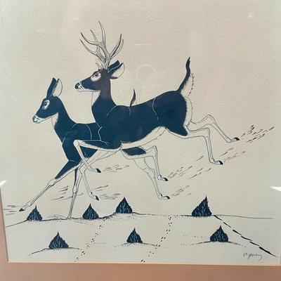 Framed Art Mule Deer Pen and Ink Drawing