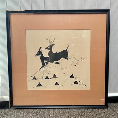 Framed Art Mule Deer Pen and Ink Drawing